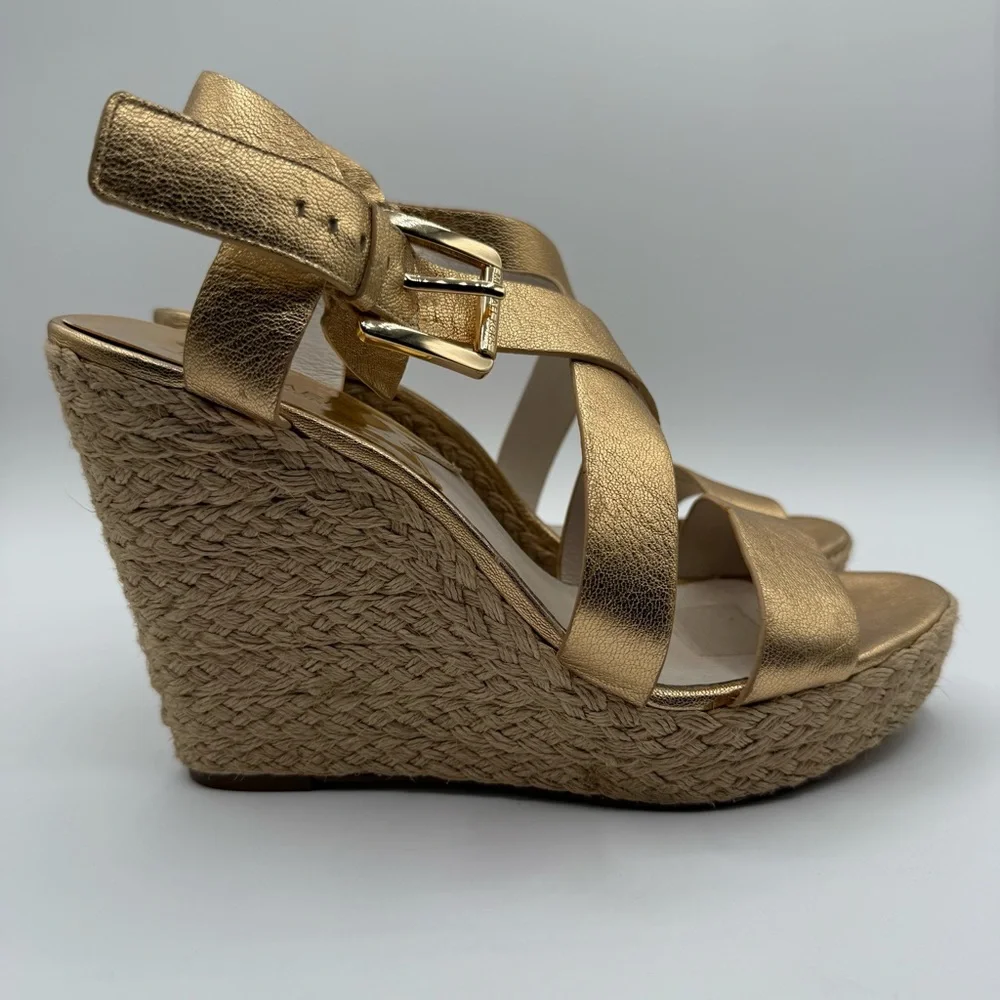 Michael Kors Metallic Gold Wedge-Platform Ankle Strap Espadrilles Size 11M - Picture 2 of 16